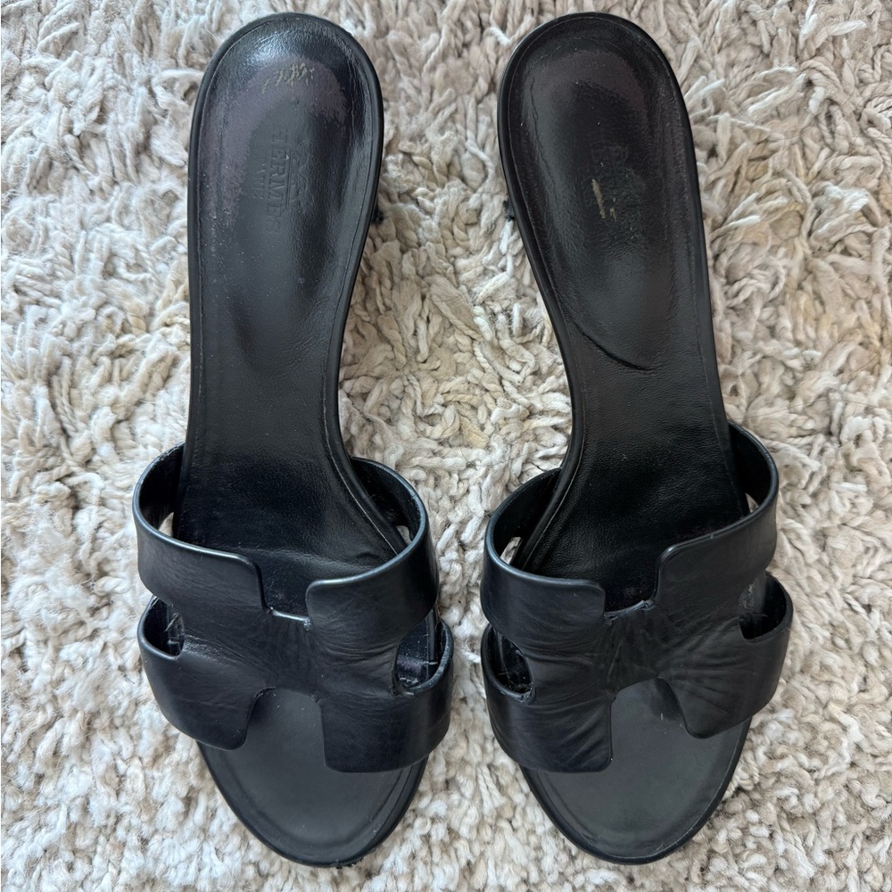 Hermes Black Leather Mules